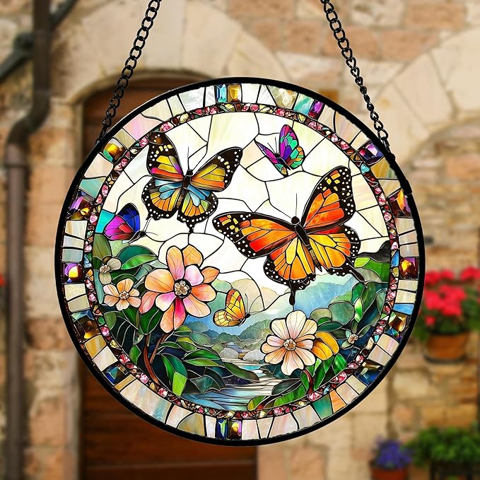 DASTOLL Stained Glass Window Hanging, Butterflies Flying in The Sky Suncatcher for Doors Home Sun Catchers Decoration and Christmas, Mother's Day Birthday Gifts for Women, Men, and Mom 9.8 in