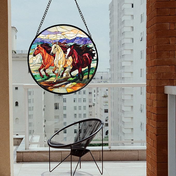 DASTOLL Stained Glass Window Hanging, Colorful Landscape Running Horse Suncatcher for Doors Window Home Sun Catchers Decoration Mother's Day Birthday Gifts for Women, Men, and Mom 6.3x6.3 in