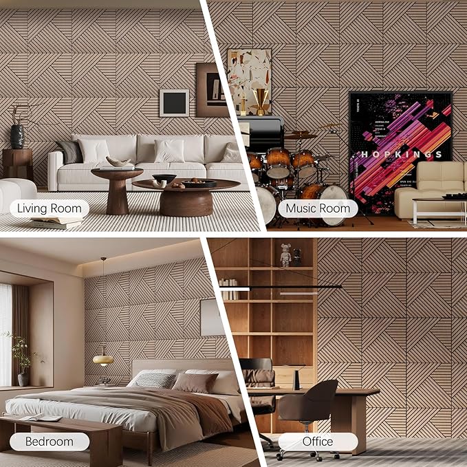 ARMURO 4 Packs Acoustic Wall Panels - Self-Adhesive 3D Wood Slat Wall Panel- Peel and Stick Sound Absorbing Panels for Noise Reducing - Feature Wall Decor for Home & Office