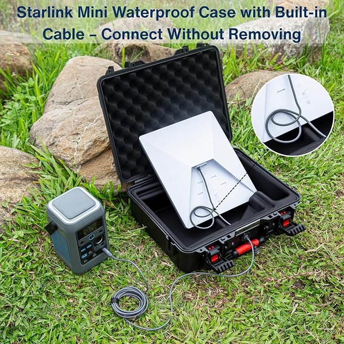 IP67 Waterproof Storage Case for Starlink Mini with Waterproof DC Female Charging Port – Protective Hard Case with Foam Padding, Secure Latch System, Portable Design for Travel and Outdoor Use
