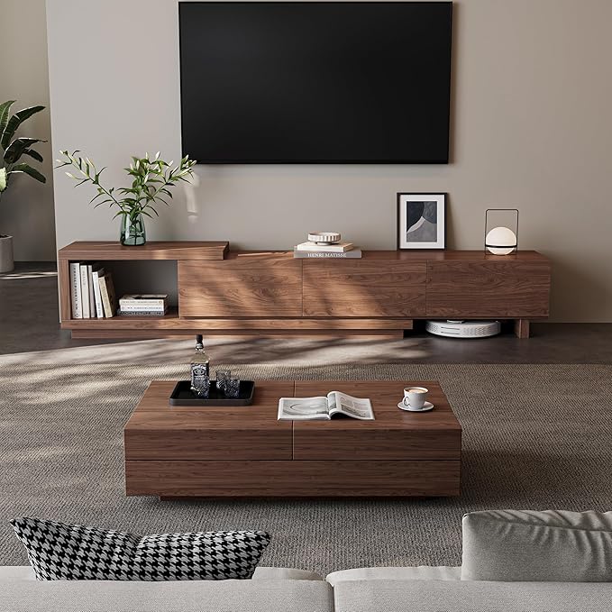 Etelifrank Extendable TV Stand for 65-100 Inches TVs – Walnut Entertainment Console with 3 Drawers & 1 Storage Compartment, Adjustable Length 68.5''-98.4'' (Walnut, 68.5''-98.4'')