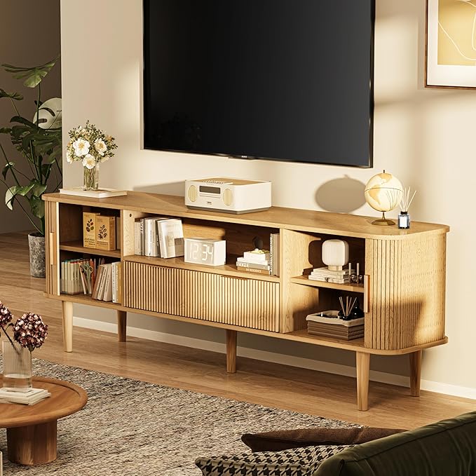 DAMCROP 62.4 Inch Fluted TV Stand, Modern Media Console Table with Sliding Tambour Door Farmhouse Sideboard Buffet Cabinet Fits TVs up to 75 inch, Wood Entertainment Center for Living Room(Oak)