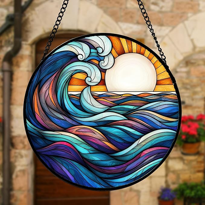 DASTOLL Stained Glass Window Hanging, Big Wave Sun Suncatcher Diamond Glass Panel Hangings Abstract Sun Catchers Decor for Birthday for Women, Men, Wife, Aunt, and Mom 7.8 in