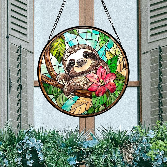 AMDERVEN Stained Glass Window Hanging, Cute Sloth Sun Catcher for Door Home Decor Animal Suncatcher Christmas Mother's Day Birthday Gifts for Women Men Mom and Nana 7.8 in