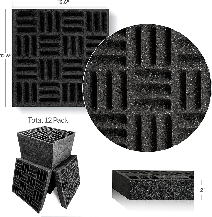 Foroomaco 12 Pack Sound Proof Foam Panels for Walls, 12.6x12.6x2 Inches Grid Style Acoustic Panels for Home Studio Acoustic Treatment (Black)