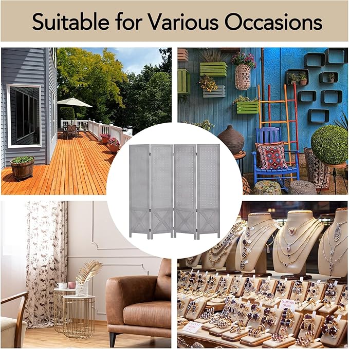 Wnutrees 4 Panel Pegboard Display, 5 Ft Wood Folding Privacy Screens Room Divider, Portable Freestanding Display Board for Craft/Art Shows, Retail, Events, Wall Organizer, Rustic Barnwood, Grey