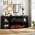 CharaVector 63 inch Fireplace TV Stand for TVs up to 75" with 30" 3-Sided Electric Fireplace, Farmhouse Entertainment Center with Glass Doors & Storage Cabinet, Black