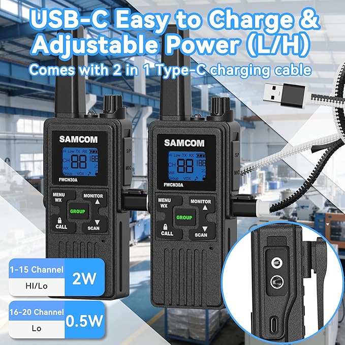 SAMCOM Group Call Walkie Talkies,FWCN30A 2 Way Radio Long Range,22 Channel FRS Radio NOAA Weather Alerts,Handheld Mini Compact Walky Talky with USB Charging (2 Packs)