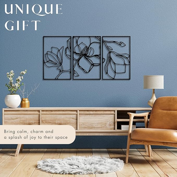 Wita Home Poppy Flower Metal Wall Art, 3-Panel Botanical Line Design, Modern Floral Wall Decor for Living Room, Bedroom, Office, Indoor & Outdoor Display (40×20 inches)