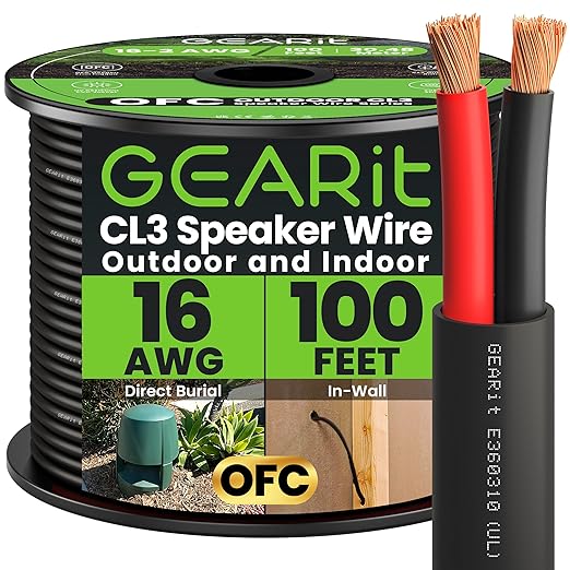 GEARit Outdoor Speaker Wire CL3 Rated, 16 Gauge Speaker Wire, Speaker Cable 100 ft for Outdoor Speakers, Patio, Garden, Backyard Audio, Direct Burial in Ground/in Wall, OFC (Black, 2-Conductors)