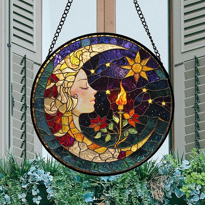 DASTOLL Stained Glass Window Hanging, Moon Goddess Torch Suncatcher Diamond Glass Panel Hangings Dream Sun Catchers Decor for Birthday for Women, Men, Wife, Aunt, and Mom 14.9x14.9 in