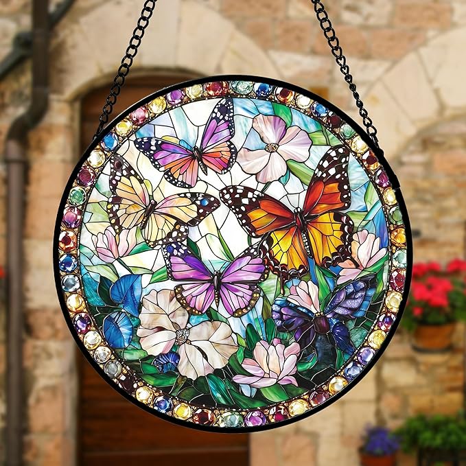 DASTOLL Stained Glass Window Hanging, Colorful Butterfly Suncatcher for Doors Home Sun Catchers Decoration and Christmas, Mother's Day Birthday Gifts for Women, Men, and Mom 6.3 in