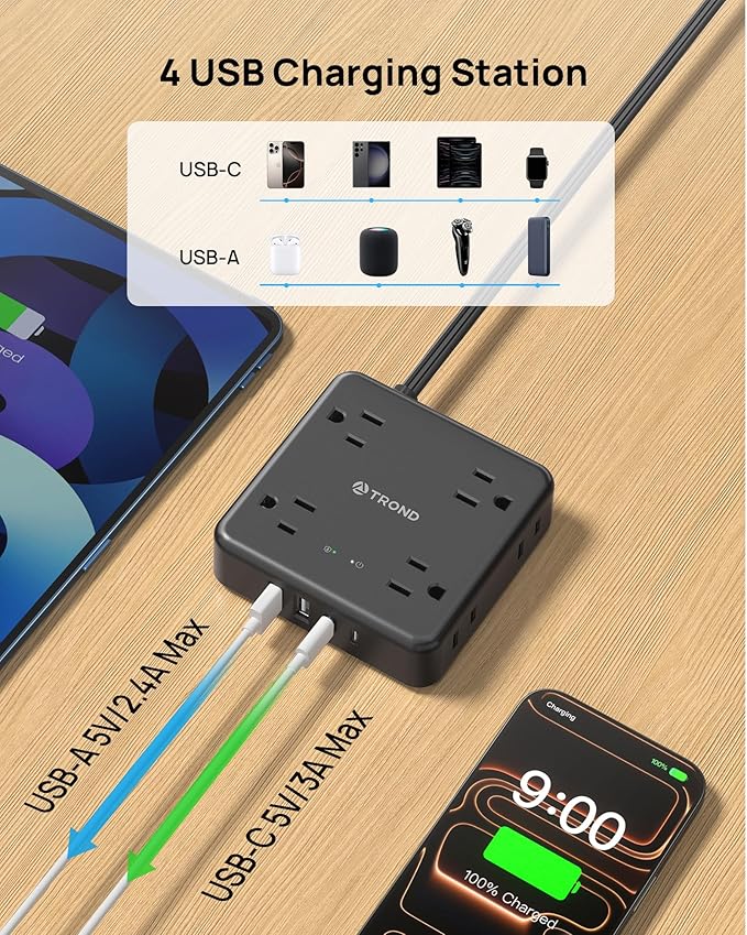 TROND 360° Rotating Flat Plug Power Strip, 5FT Flat Extension Cord with Multiple Outlets 4 USB (2 USB C), Wall Mount Surge Protector 1440 Joules for Home Office Travel Dorm Room Essentials, Black