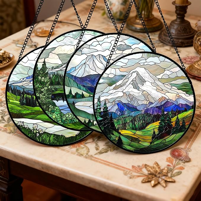 DASTOLL Stained Glass Window Hanging 4 Pcs Set Mountains Lake Green White Landscape Large 11.8" - Suncatcher Door Garden Sun Catcher Decor Birthday Christmas for Mom Woman Nana Men