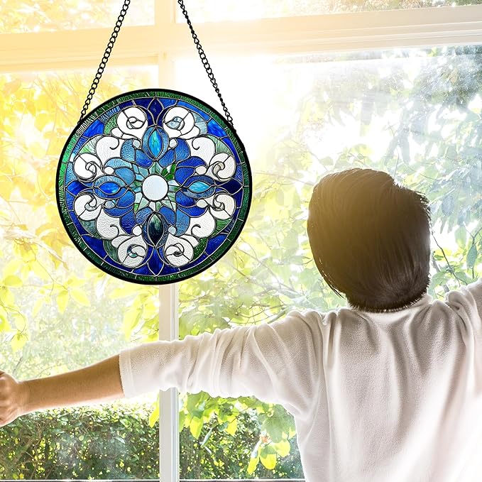 DASTOLL Stained Glass Window Hanging, Boho Style Sun Catchers Diamond Glass Panel Hangings Tiffany Suncatcher Decor for Birthday for Women, Men, Wife, Aunt, and Mom 7.8 in