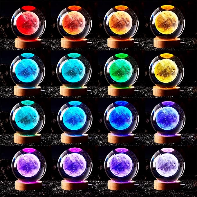 3D Moon Crystal Ball Lamp,3.15 inch Crystal Ball Night Light with Wooden Base,16 Colors Changing Light,Dimmable Remote Control,Desk lamp (F)