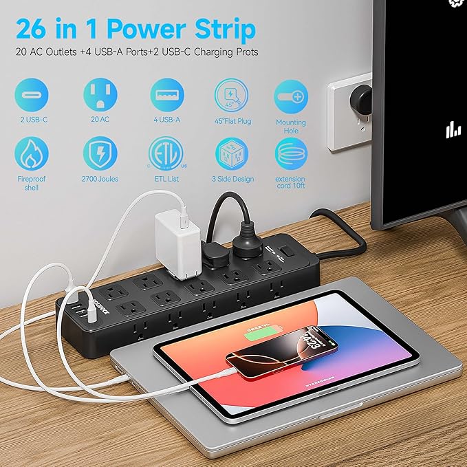 Solidock Power Strip Surge Protector Flat Plug with 20 AC Outlets 6 USB Chagring Ports, 1875W/15A, 2700J, 10 Ft Heavy Duty Extension Cord for Home, Office, Dorm, Gaming,ETL Listed (Black, 10 Feet)