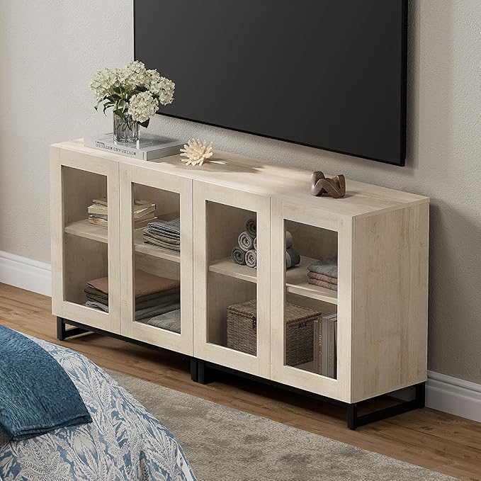 WAMPAT Modern TV Stand with Glass Doors for 32-70 inch TVs, 2 in 1 Entertainment Center Console with Adjustable Shelves for Living Room, Bedroom, Light Oak