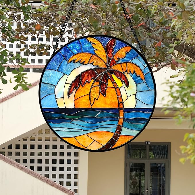 DASTOLL Stained Glass Window Hanging 4 Pcs Set Blue Orange Ocean Beach Theme 7.8" - Suncatcher Door Garden Sun Catcher Decor Birthday Christmas for Mom Woman Nana Men Wife