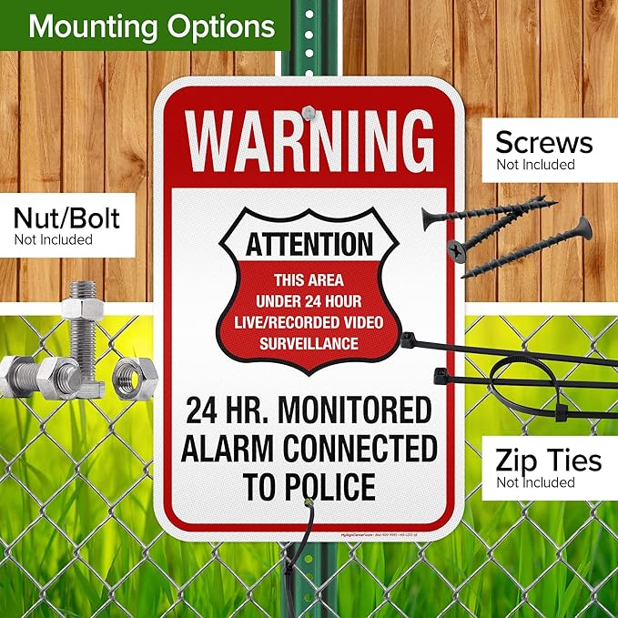 Warning 24 HR. Monitored Alarm Connected To Police Sign, 12x18 Inches, 3M EGP Reflective, Rust Free .063 Aluminum, Fade Resistant, Made in USA by My Sign Center