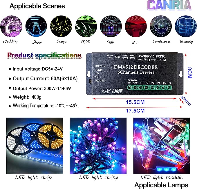 CANRIA DC 5V-24V 6 Channel DMX512 Decoder LED Controller, for RGBRGB RGBW RGBWW RGBWWW LED Strip Light, 4-Digit Display