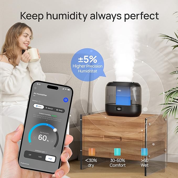 DREO Smart Humidifiers for Bedroom, Top Fill 4L Supersized Humidifier Large Room with 28 dB, 36H Runtime, Touch/APP/Voice Control, Nightlight, Cool Mist Humidifiers for Baby, Plants, Indoor, Black
