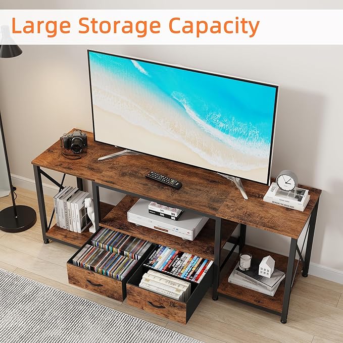GYIIYUO TV Stand with Fabric Drawers for 65 70 75 Inches TV - Entertainment Center and Industrial TV Console Table with Open Storage Shelves for Living Room, Bedroom - 63" Rustic Brown