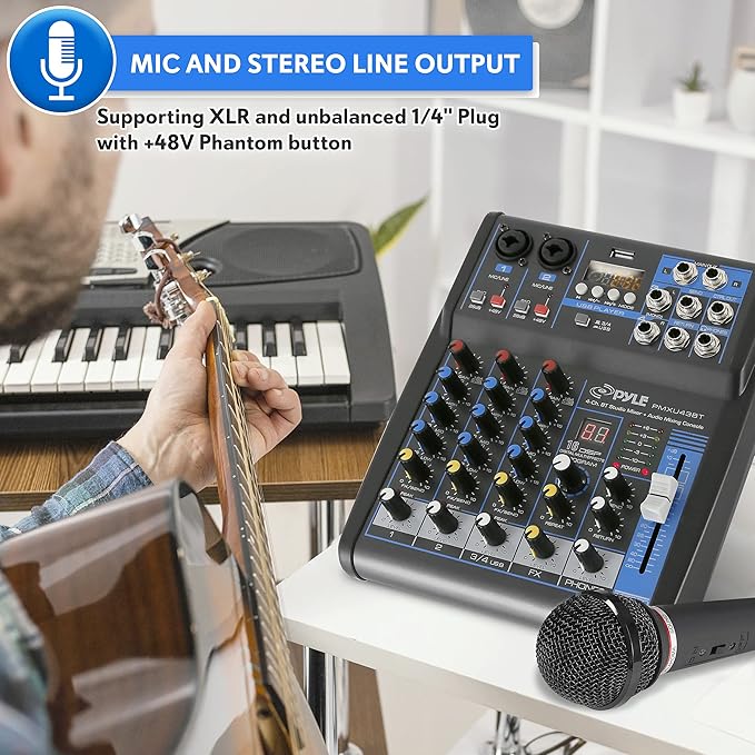 Pyle Professional 4 Channel Audio Mixer with Bluetooth - DJ Sound Board - USB Computer Input - Built-in MP3 Player - 48V Phantom Power - 3 Band EQ - 16-Bit DSP FX - Band, Studio Ready - PMXU43BT