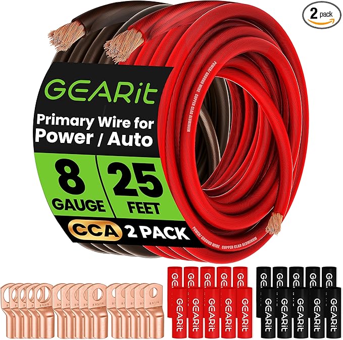 GearIT 8 Gauge CCA Battery Cable - 20 Heat Shrink Wrap, 15 Lugs, Automotive Amp Wire Kit (25 ft Each - Black/Red)