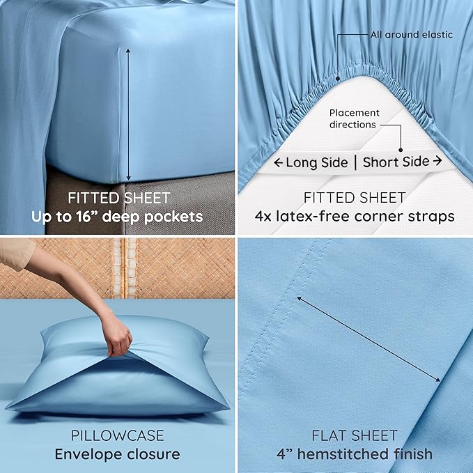 Bambaw 6pcs Set of 100% Viscose Derived from Bamboo Sheets for Queen Size Bed - Cooling Sheets Queen Size Deep Pocket, Fits Up to 16'' Mattresses, Super Soft Sheets Queen Size (Dream Blue)