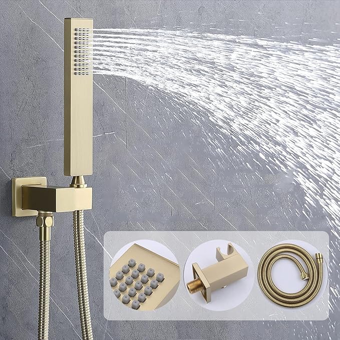 KATAIS Tempreature Display Shower System Brushed Gold Shower Faucet Set with Wall Mount 8 inch Shower Head and 6 PCS Body Jet, Handheld Spray