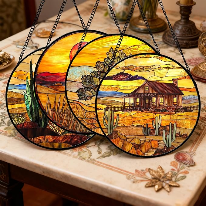 DASTOLL Stained Glass Window Hanging 4 Pcs Set Desert Sunset Theme Landscape 9.8" - Suncatcher Door Garden Sun Catcher Decor Birthday Christmas for Mom Woman Nana Men