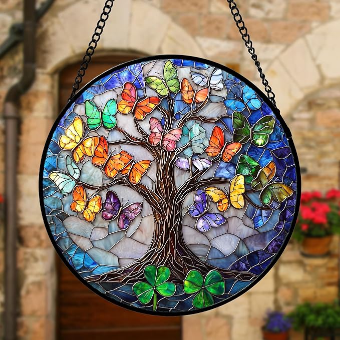 DASTOLL Stained Glass Window Hanging, Butterfly Tree Clover Sun Catchers Glass Panel Blue Suncatcher Decor for Birthday for Women, Men, Wife, Aunt, and Mom 11.8x11.8 in