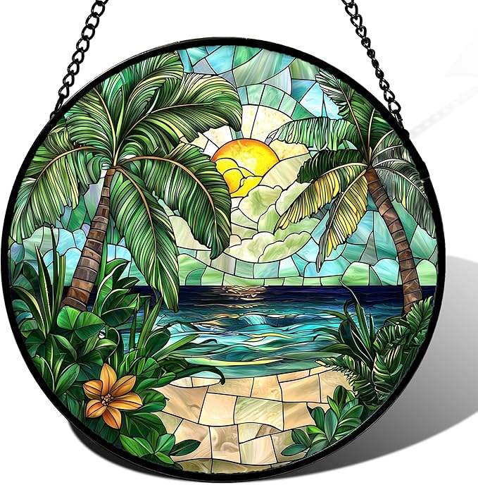 DASTOLL Stained Glass Window Hanging, Green Beach Scenery Suncatcher Diamond Glass Panel Hangings Sun Catchers Decor for Birthday for Women, Men, Wife, Aunt, and Mom 14.9x14.9 in
