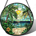 DASTOLL Stained Glass Window Hanging, Green Beach Scenery Suncatcher Diamond Glass Panel Hangings Sun Catchers Decor for Birthday for Women, Men, Wife, Aunt, and Mom 14.9x14.9 in