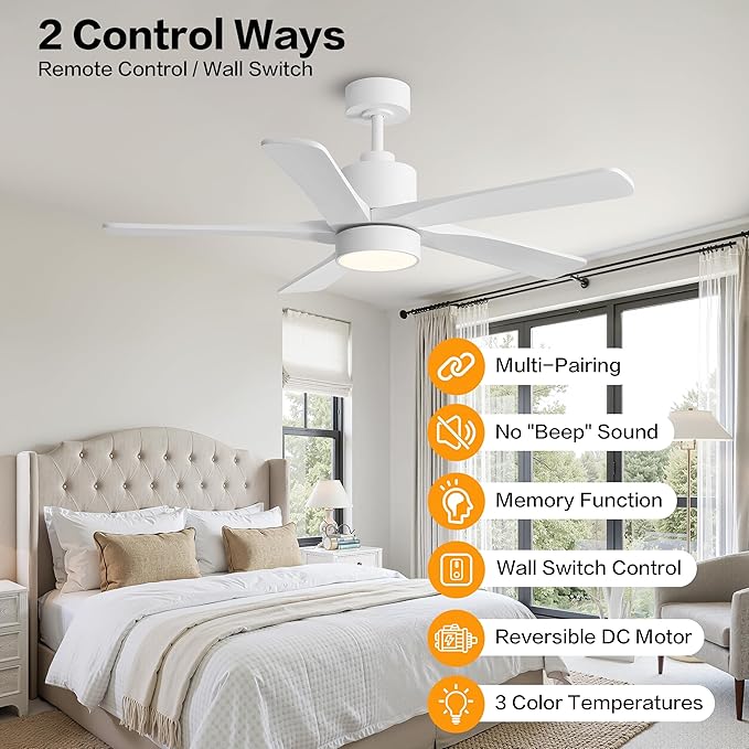 WINGBO 48 Inch DC Ceiling Fan with Lights and Remote Control, 5 Carved Solid Wood Blades, 6-Speed Noiseless Reversible DC Motor, Indoor Ceiling Fan in Gloss White Finish with White Blades