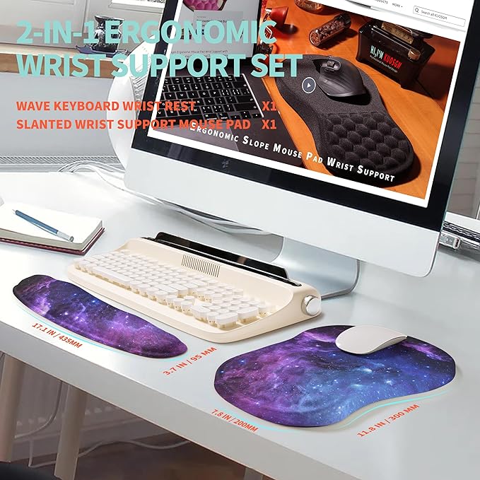 KUOSGM 2-in-1 Ergonomic Set, Wave Rise Keyboard Wrist Rest and Massage Bulge Slope Mouse Pad Wrist Support, Cushion Memory Foam Integrated to Relieve Wrist Pain, Galaxy