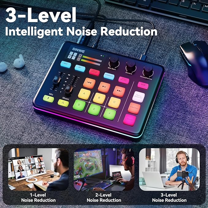 SINWE G1 Gaming Audio Mixer, RGB Audio Interface with Pro-preamp,Bluetooth, Streaming PC Mixer with XLR/48V Phantom Power for Live Streaming, Podcasting, Content Create, Gaming(White)
