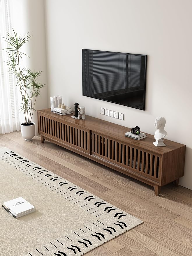 Lumisphere 94.48 Inch Modern Tv StandEntertainment Center with Sliding Doors.Storage Compartments, Living Room Cabinet Walnut