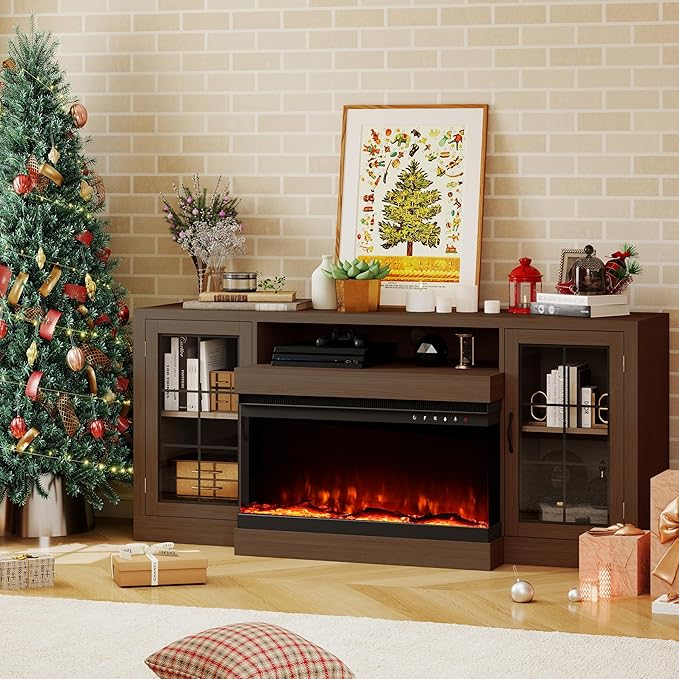 CharaVector 63 inch Fireplace TV Stand for TVs up to 75" with 30" 3-Sided Electric Fireplace, Farmhouse Entertainment Center with Glass Doors & Storage Cabinet, Brown
