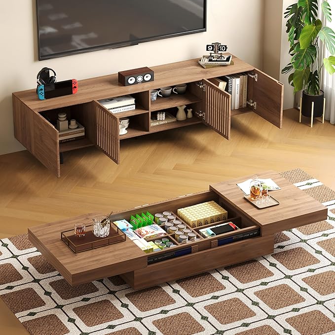 gaoyangjiaju Mid-Century Modern Expandable Coffee Table & TV Stand Set, Walnut Finish – Elegant Storage Combo for Living Room, Bedroom, or Lounge (70.87" TV Stand+Coffee Table)
