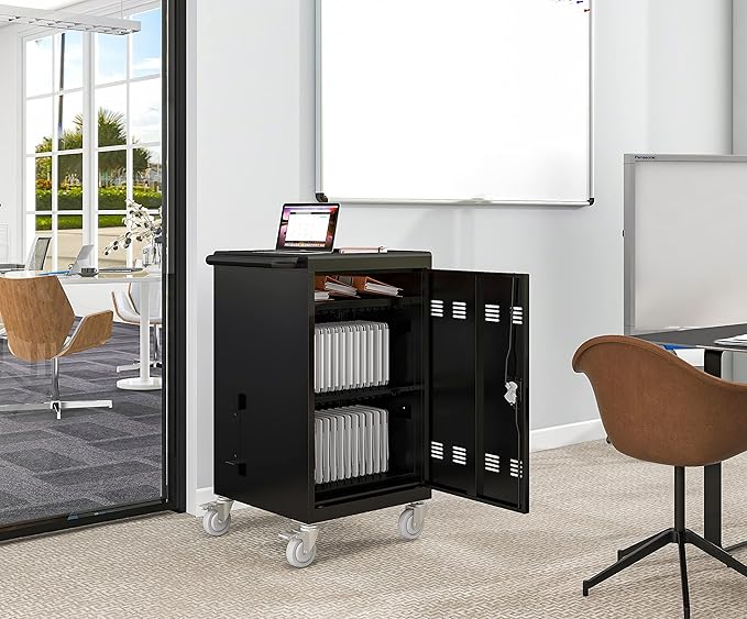 TIOPLY Laptop Charging Cart, 32 Device Tablet Storage Carts for iPad Up to 16.3" Screen Size, Mobile Charging Station for Classroom, with Cord Organizer, Front and Back Access Locking Cabinet Black
