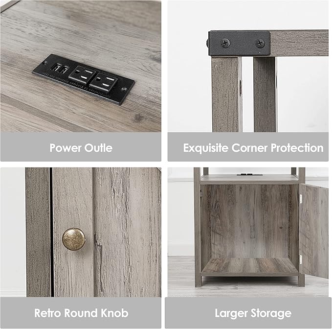 HOSEOKA Farmhouse Nightstand with Charging Station, Rustic End Table Bedroom with Storage Living Room Side Table Grey Night Stand Industrial Bedside Bed Table with USB Ports and Outlets