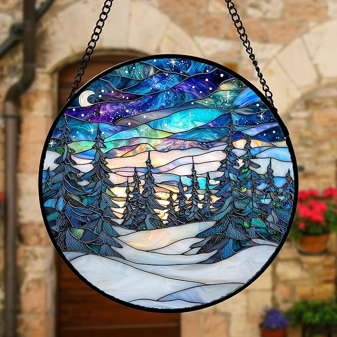 DASTOLL Stained Glass Window Hanging, Starry Sky Trees and Snow Sun Catchers Glass Panel Blue Suncatcher Decor for Birthday for Women, Men, Wife, Aunt, and Mom 11.8x11.8 in