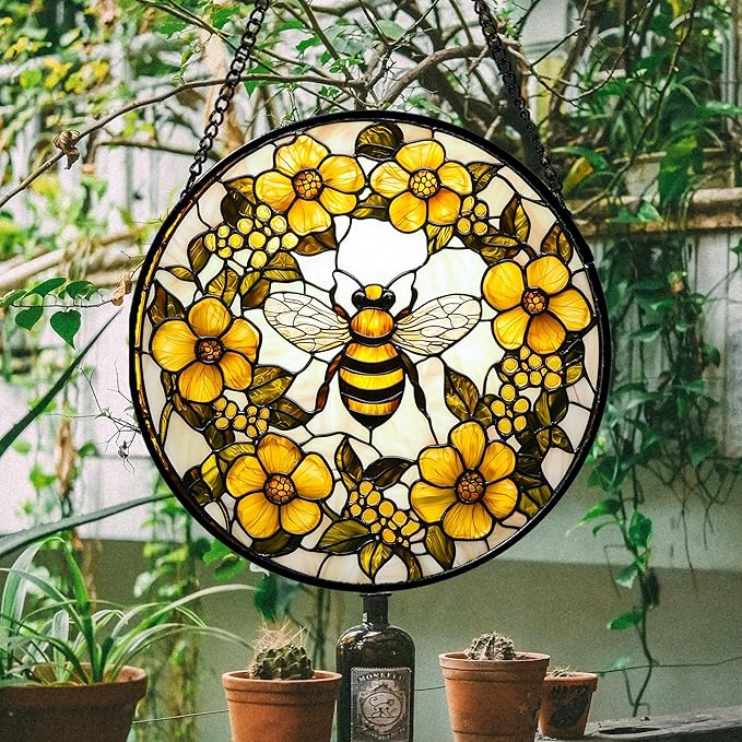 AMDERVEN Stained Glass Window Hanging - Yellow Flowers Surrounded by Bees Sun Catcher for Door Garden Home Decor Cute Suncatcher Christmas Mother's Day Birthday Gifts for Women Men Mom Nana 15 in