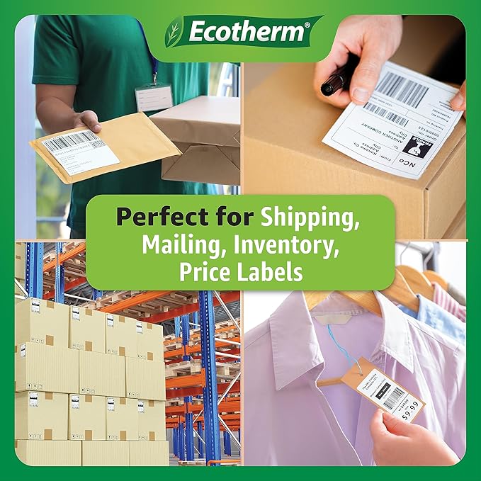 4" x 2" Thermal Labels | 6 Rolls | 7500 Labels | fits Zebra, Munbyn, Rollo, Godex, Arkscan, iDPRT, Offnova Thermal Label Printers and More | Blank White Adhesive Stickers by Ecotherm