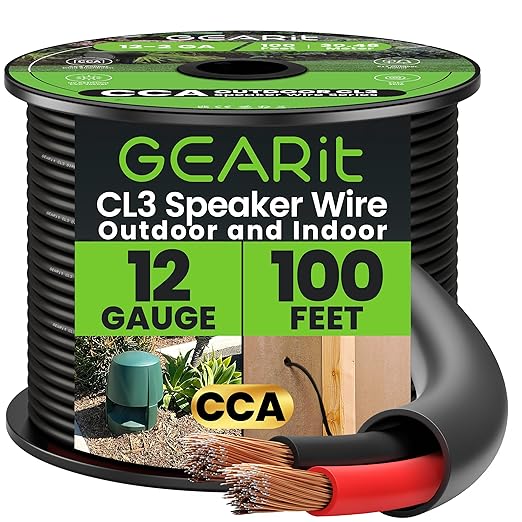 GEARit Outdoor Speaker Wire CL3 Rated, 12 Gauge Speaker Wire, Speaker Cable 100 ft for Outdoor Speakers, Patio, Garden, Backyard Audio, Direct Burial in Ground/in Wall, CCA (Black, 2-Conductors)