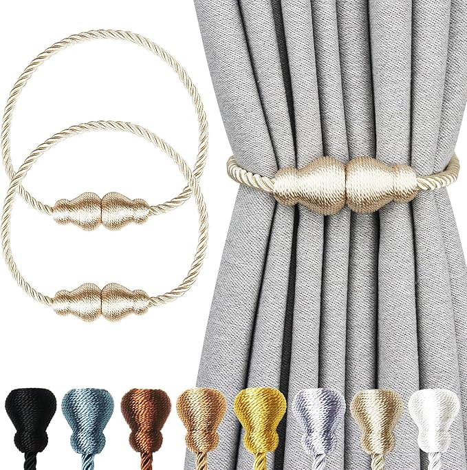 Nieffeiy Magnetic Curtain Tiebacks Outdoor Curtain Tie Backs Rope Decorative Magnetic Curtain Holders for Drapes Window Treatment Holdbacks, Beige 2Pack