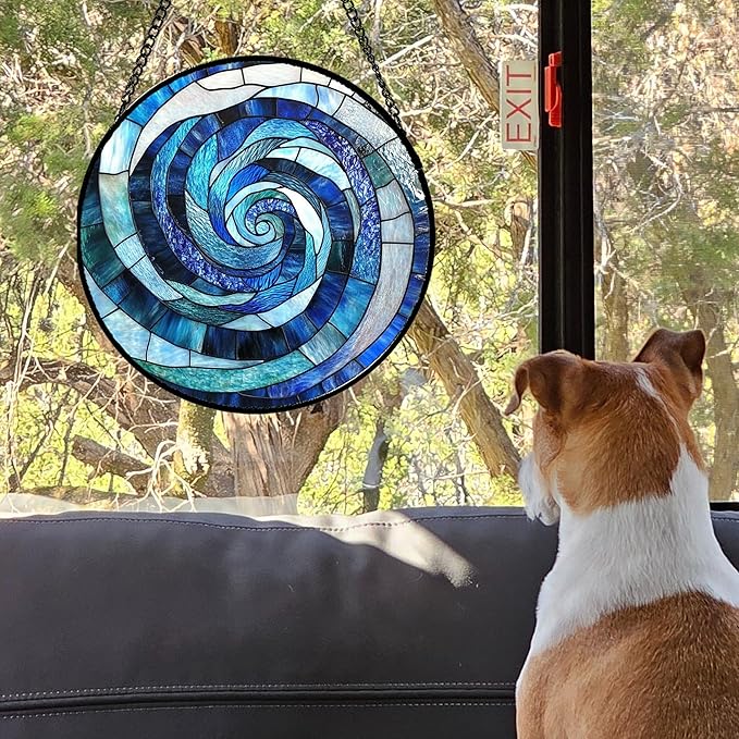 CRISGIF Stained Glass Window Hanging - Blue Abstract Swirl Suncatcher for Doors Garden Patio Unique Sun Catchers Decor Christmas Mother's Day Birthday Gifts for Women Men Mom Nana Friend 15 in
