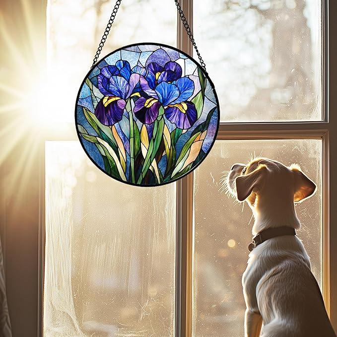 CRISGIF Stained Glass Window Hanging - Blue Purple Iris Flower Suncatcher for Door Garden Patio Sun Catchers Decor Christmas Mother's Day Birthday Gifts for Women Men Mom Nana Aunt Friend 15 in